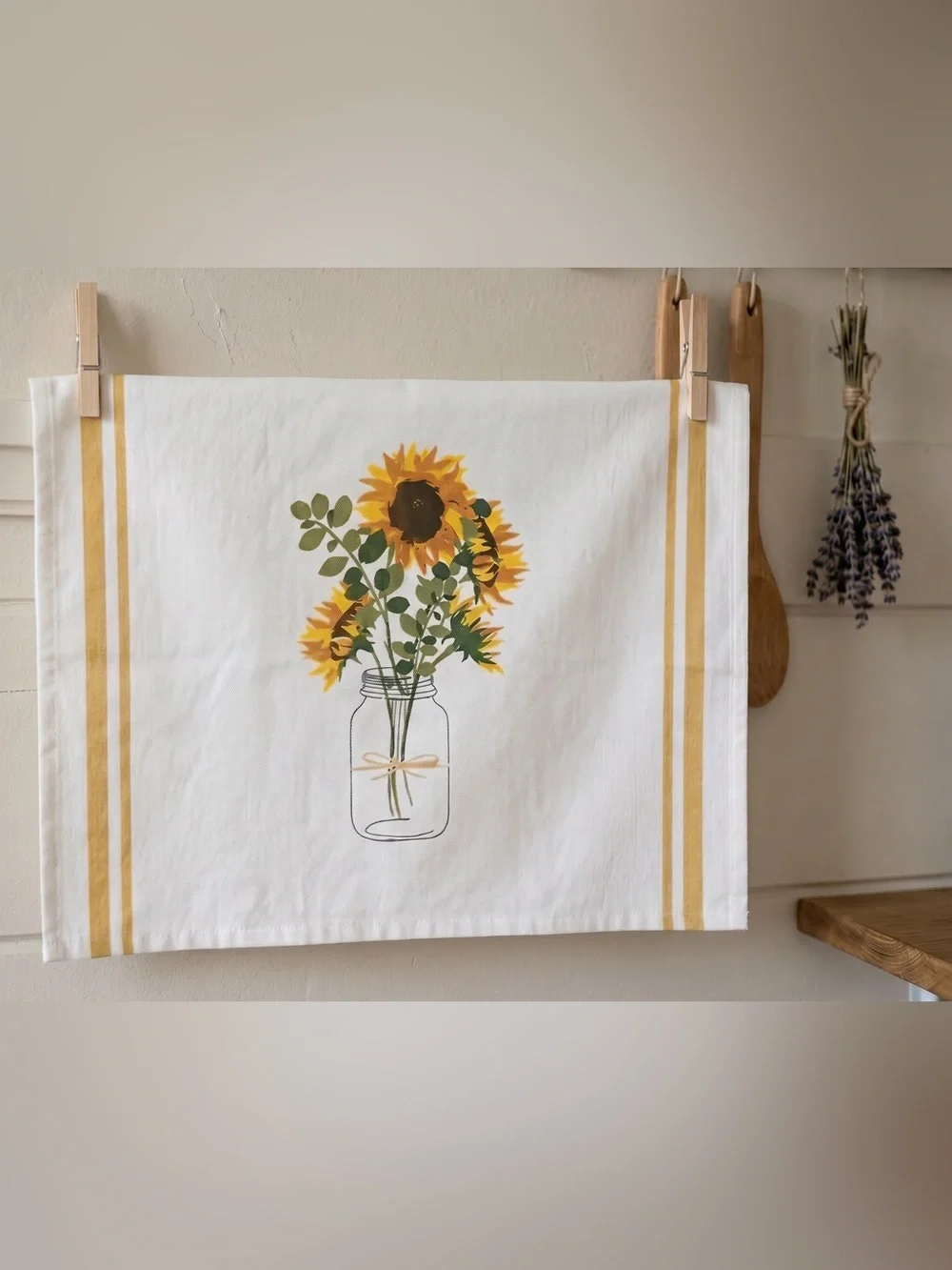 Sunflower Mason Jar Cotton Tea Towel - Summer Country Farmhouse Kitchen